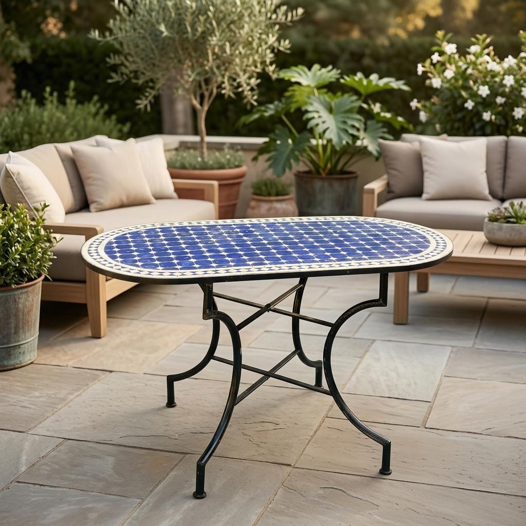 Moroccan Mosaic Table, Handmade Zellige Tile Top, Iron Legs, 36 In