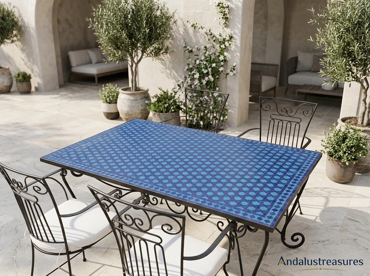 Moroccan Zellige Bistro Table, Round 24 In Mosaic Top, Iron Base