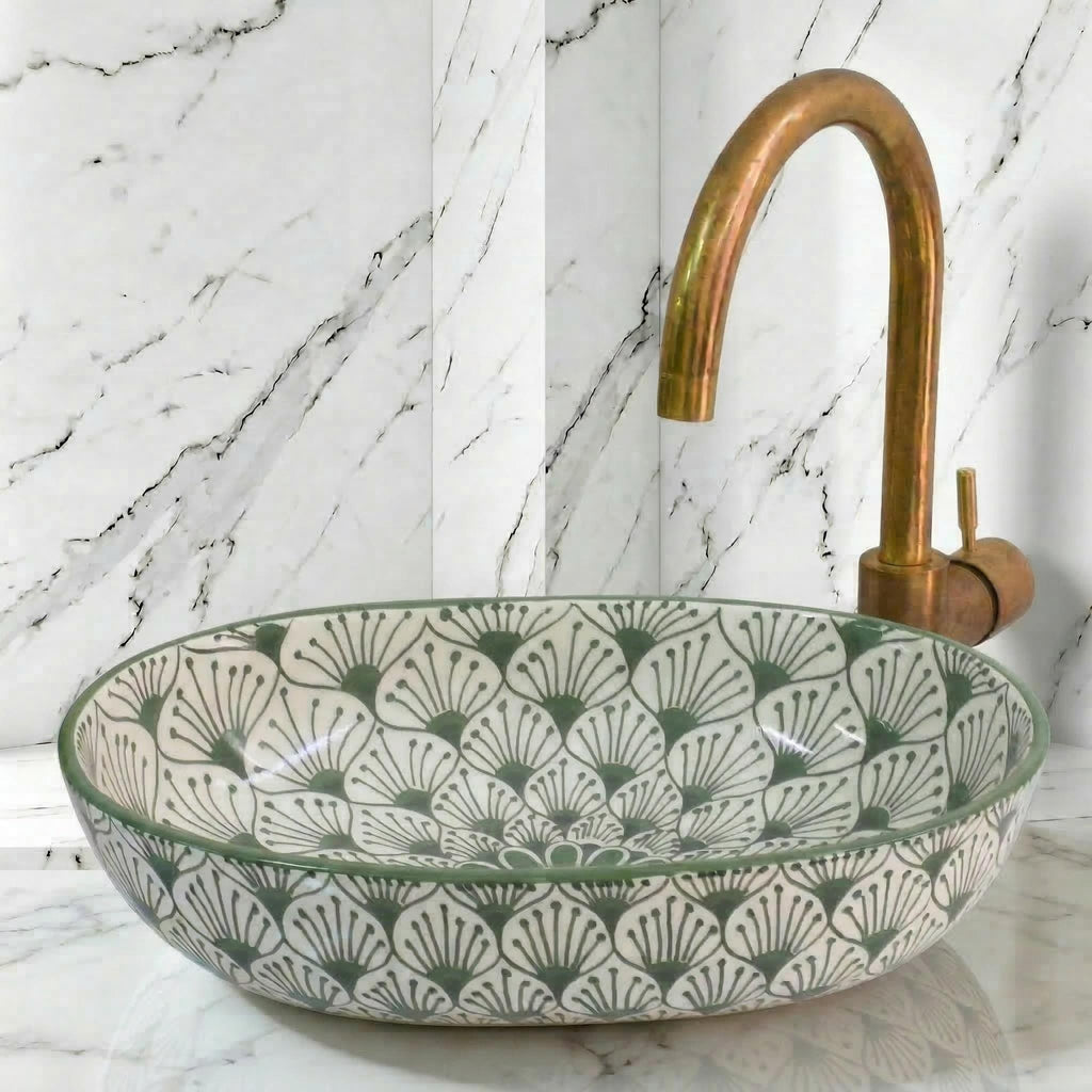 Sage Green Vessel Sink, Oval Ceramic Basin With Free Brass Drain.