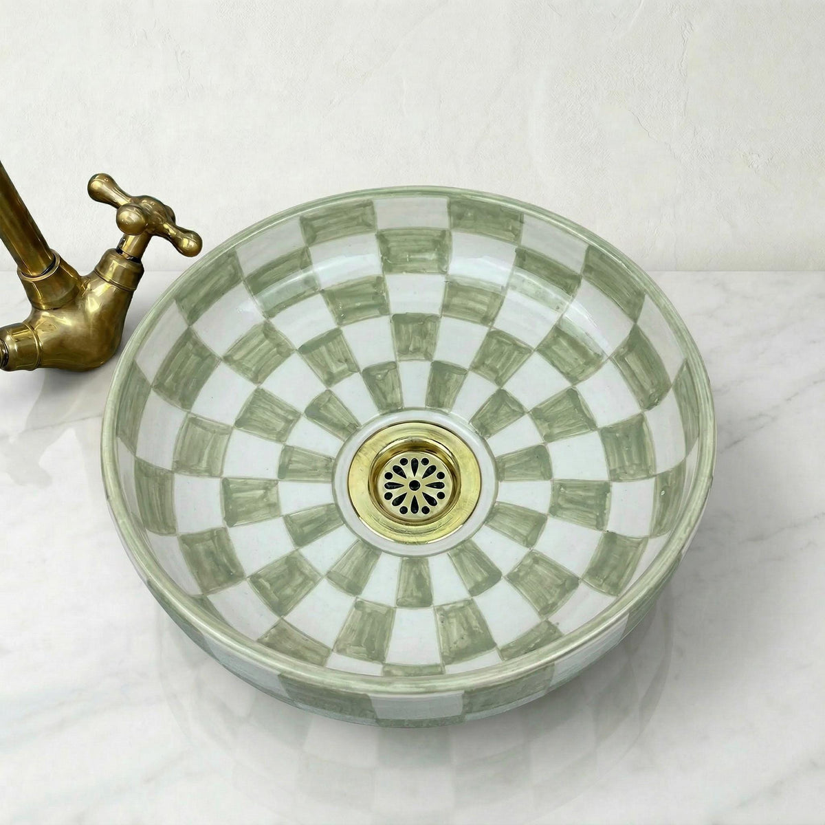 Sage Green Vessel Sink, Handcrafted Ceramic 12" Basin Brass Drain