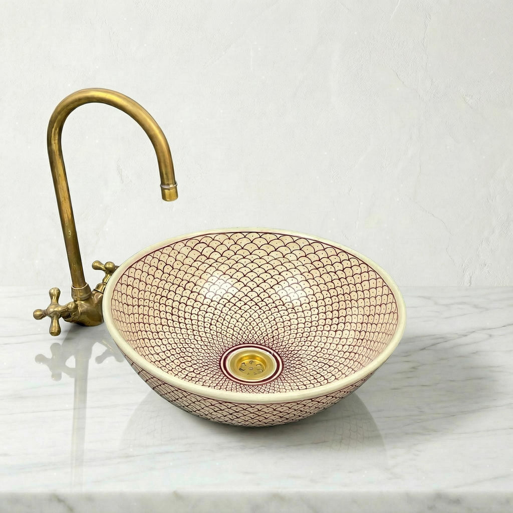Moroccan Vessel Sink, Hand-Painted Burgundy Ceramic, 8-16" Round.