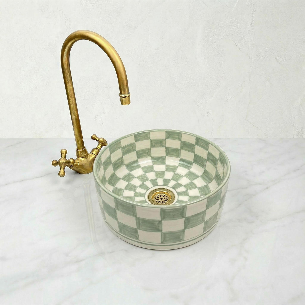 Sage Green Vessel Sink, Handcrafted Ceramic 12" Basin Brass Drain