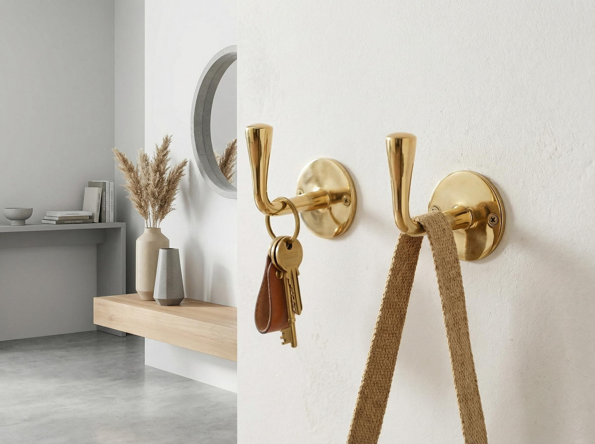Handmade Brass Wall Hooks, Moroccan Rustic Unlacquered 9.5cm 3.7