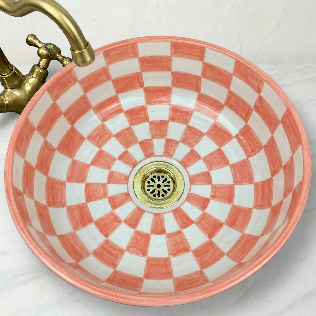 Sage Green Vessel Sink, Handcrafted Ceramic 12" Basin Brass Drain