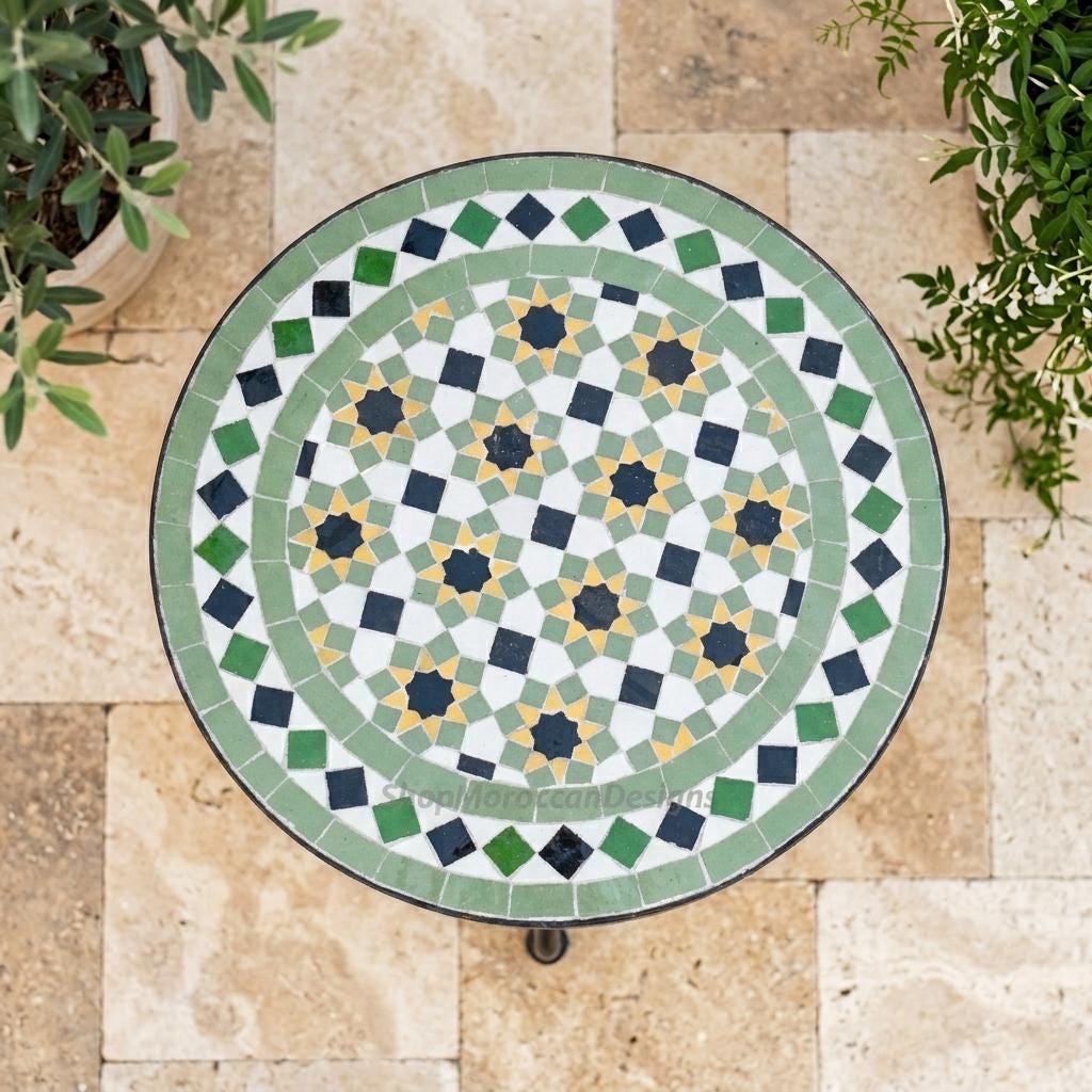 Moroccan Zellige Table', Handmade Mosaic Top, 12-48 In, Iron Base