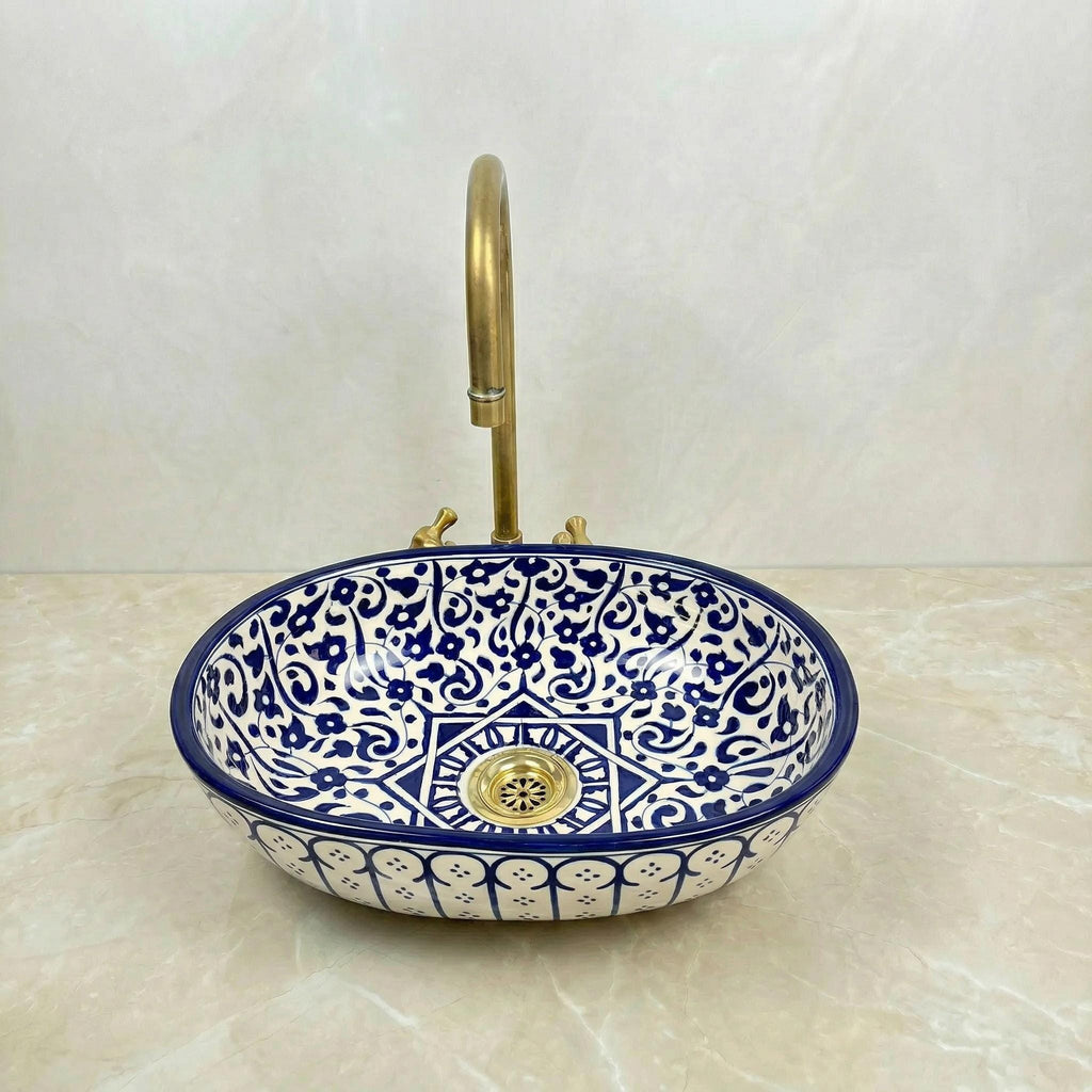 Handmade Moroccan Vessel Sink Oval Sage-Green, Brass Flower Drain