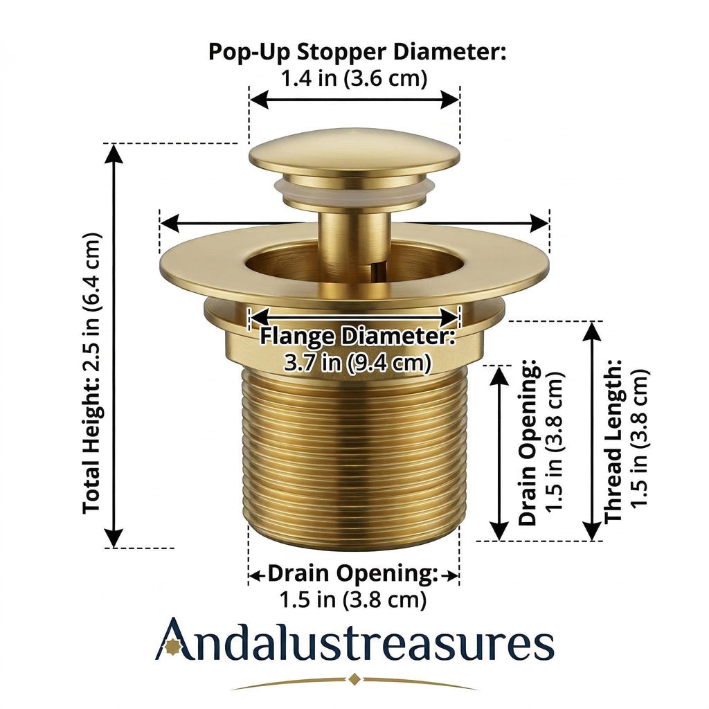 Unlacquered Brass Drain, Solid Push Pop-Up Vessel Sink Plug 1.6in