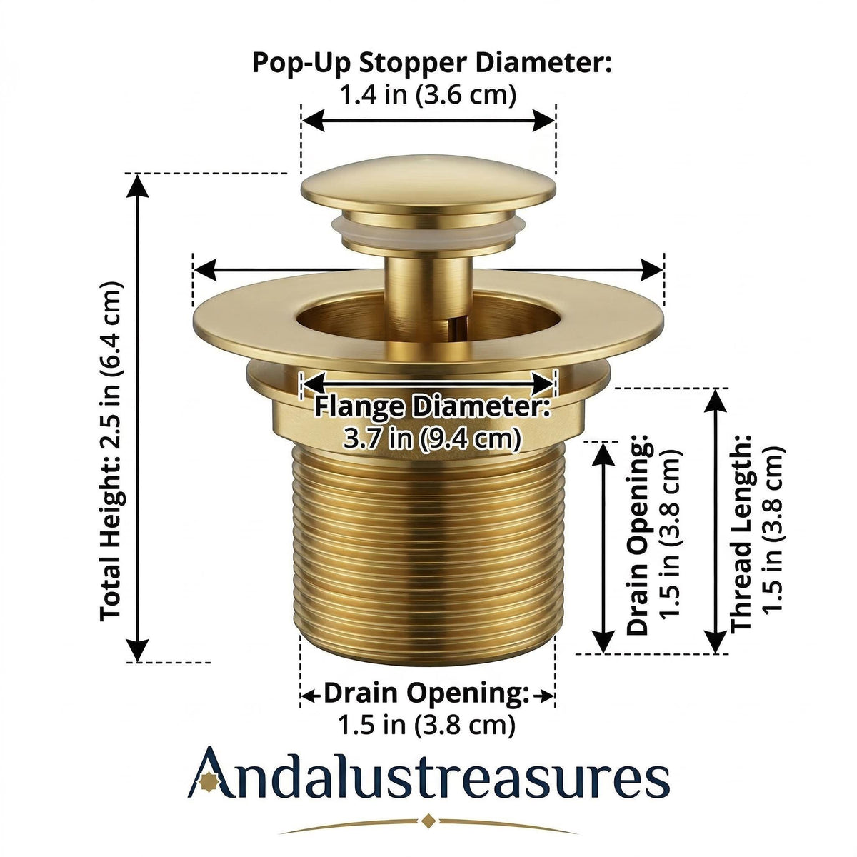 Unlacquered Brass Drain, Solid Push Pop-Up Vessel Sink Plug 1.6in