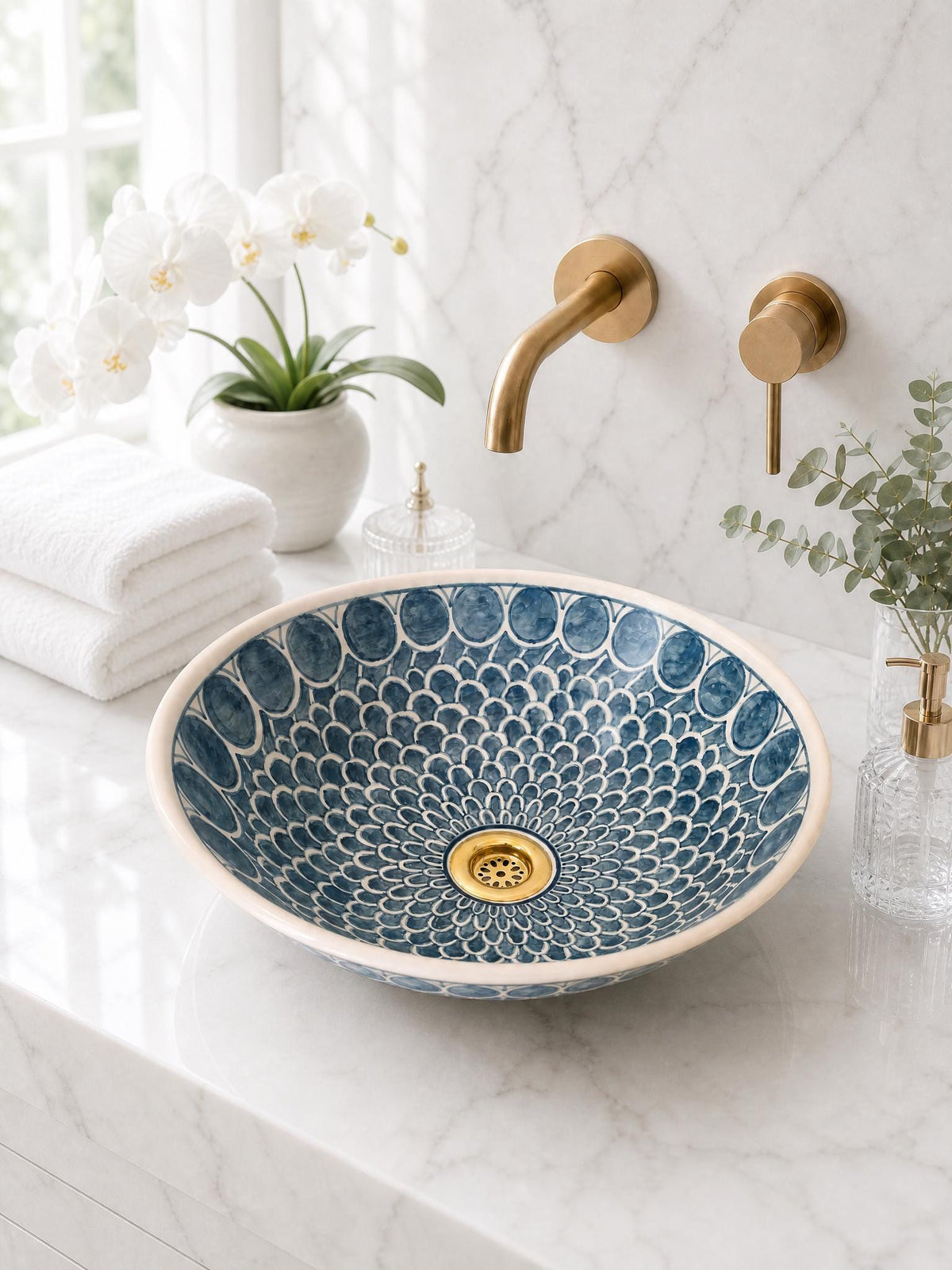 Sage Green Vessel Sink, Hand-Painted Ceramic, Marble-Wash, 8-16in