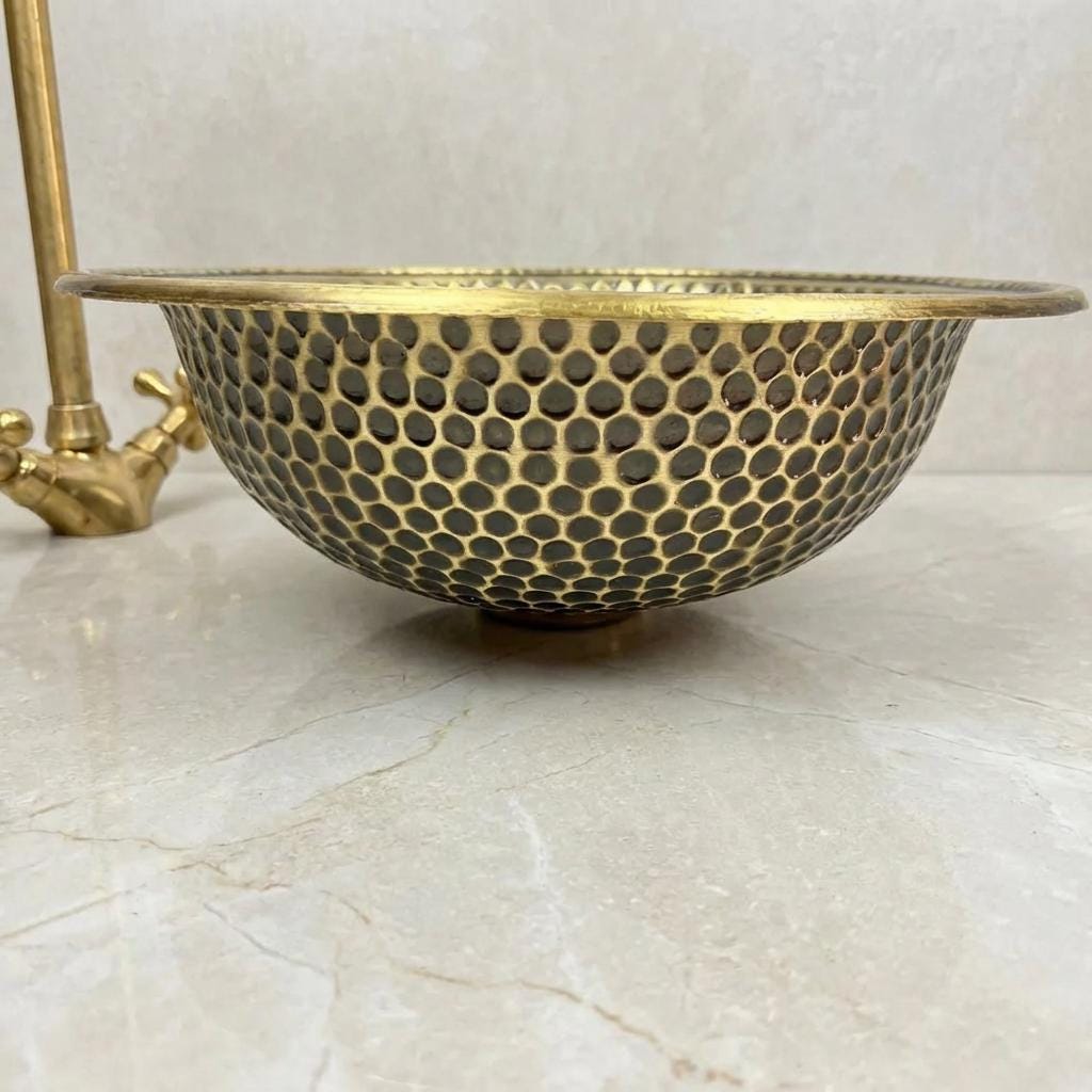 Moroccan Brass Lavabo, Hammered Unlacquered Basin, 16 In Diameter