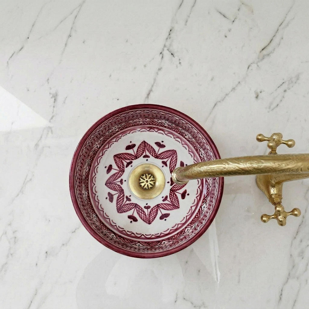 Moroccan Ceramic Vessel Sink, Ruby Red Checkered - 8–16" Diameter