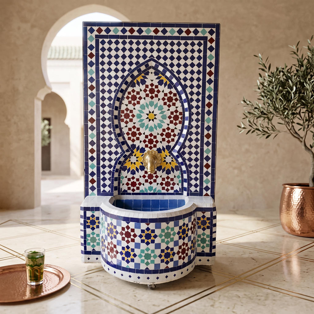 a decorative tile fountain with a blue and white mosaic design, situated in a room with a copper pot and a small potted plant.