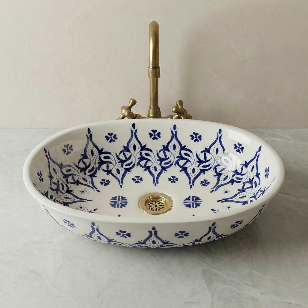 Ceramic Vessel Sink' Navy Oval Hand-Painted Fes, 40cm Small Vanity