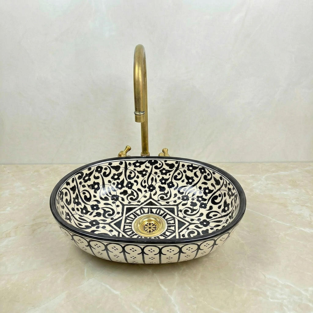 Handmade Moroccan Vessel Sink Oval Sage-Green, Brass Flower Drain