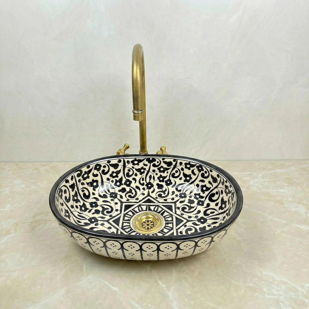 Handmade Moroccan Vessel Sink Oval Sage-Green, Brass Flower Drain