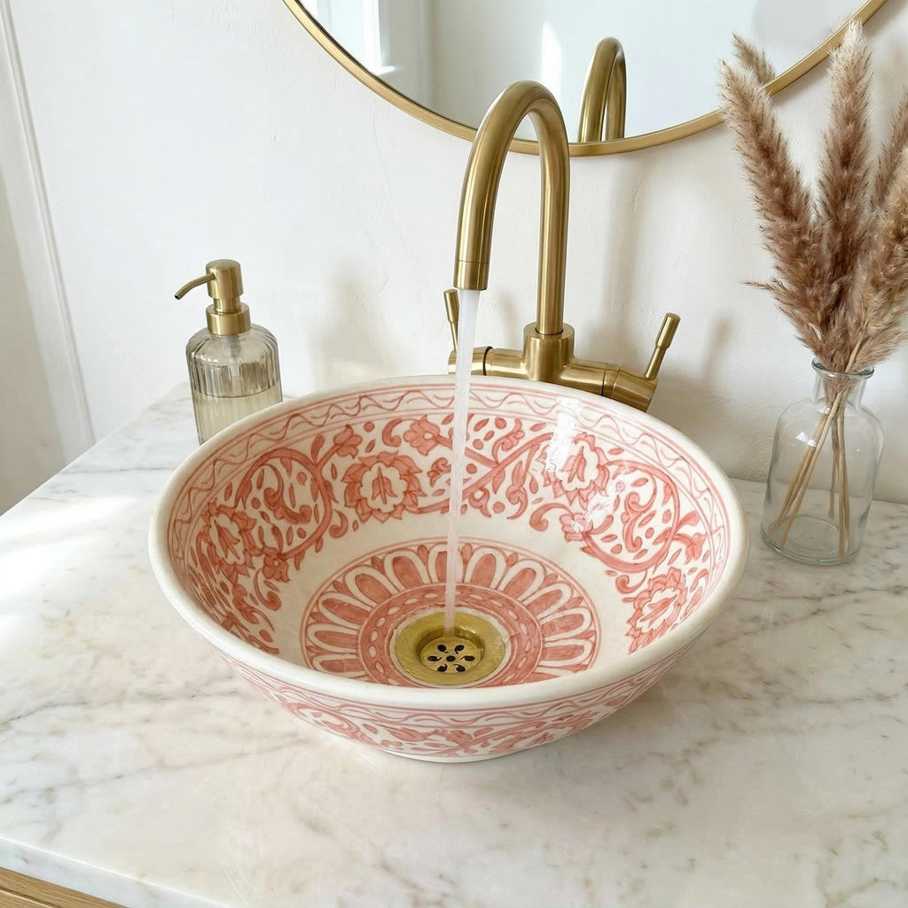 Coral Pink Vessel Sink, Handcrafted Ceramic Round Basin, 8–16 In.