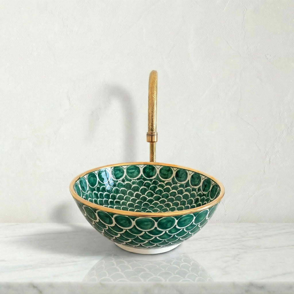 Moroccan Vessel Sink, Coral Pink Porcelain Basin, 14Kt Gold Rims.