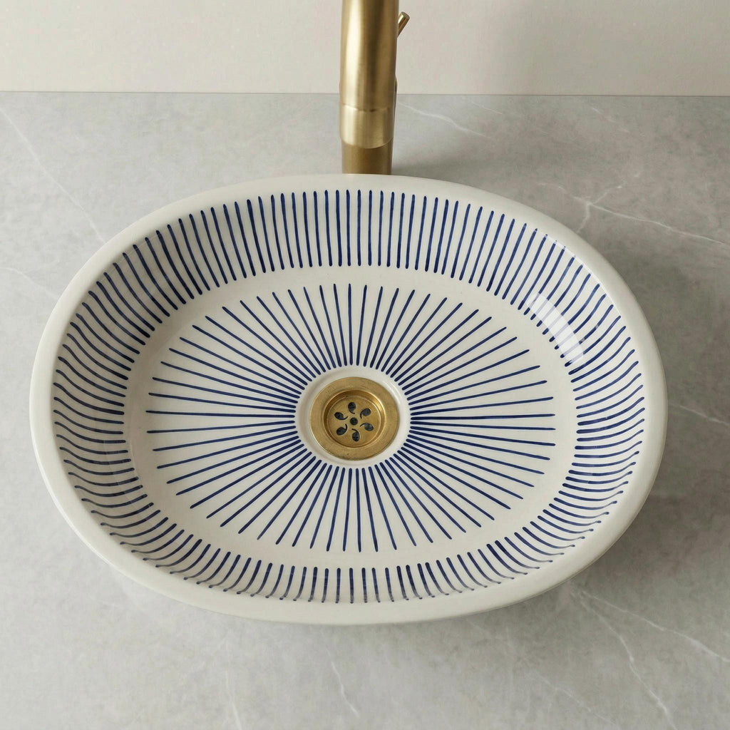 Moroccan Ceramic Sink, Orange Zellige Oval Basin 40Cm Brass Drain