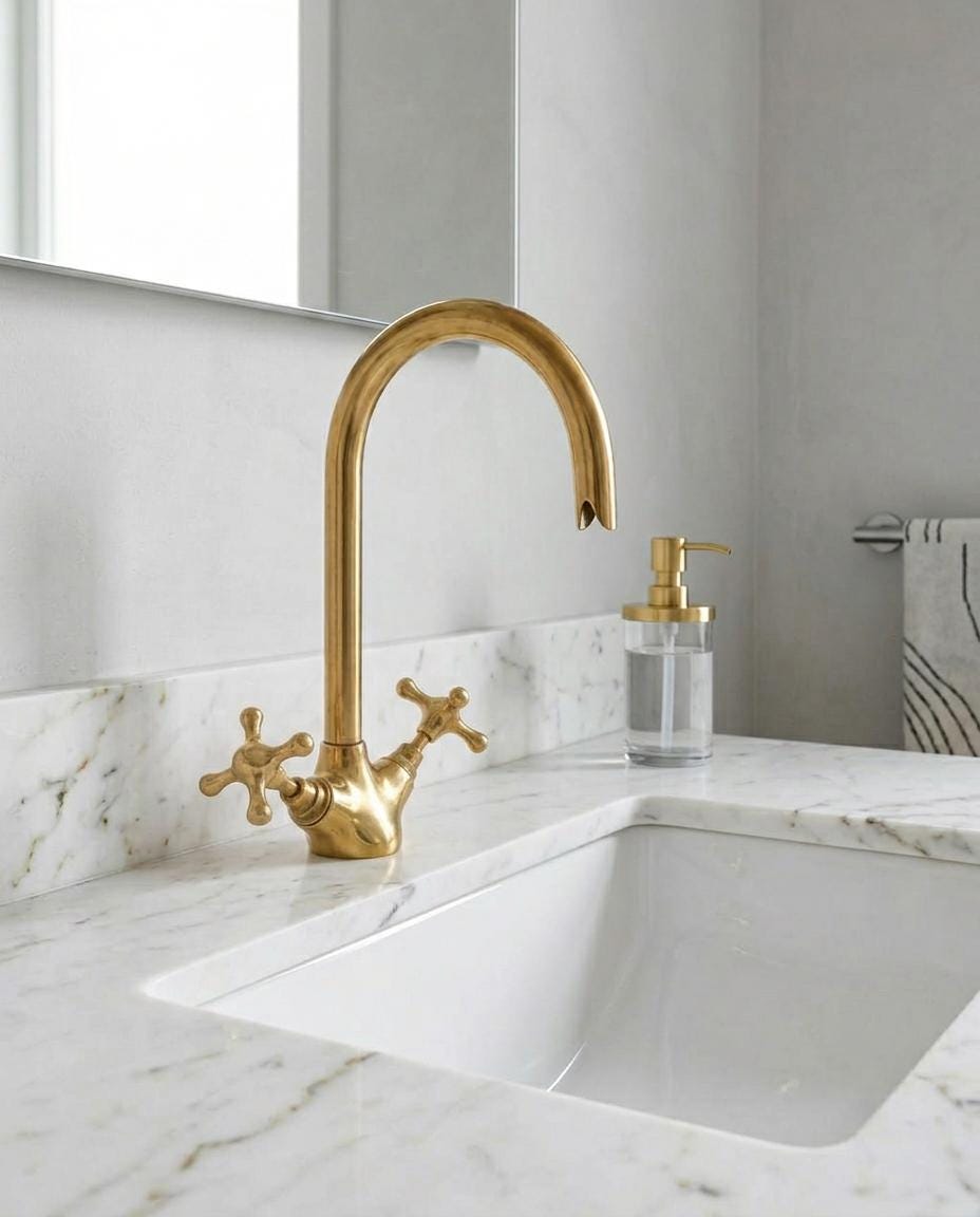 Brass Double Handle Faucet, High-Arc Gooseneck, Solid Brass Aged.