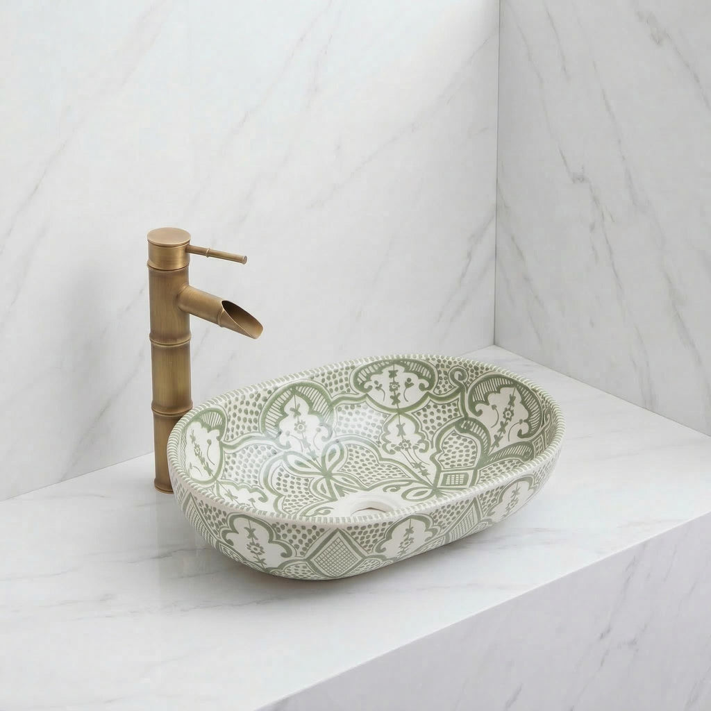 moroccan ceramic vessel sink, Sage Oval Handmade 38cm Brass Drain
