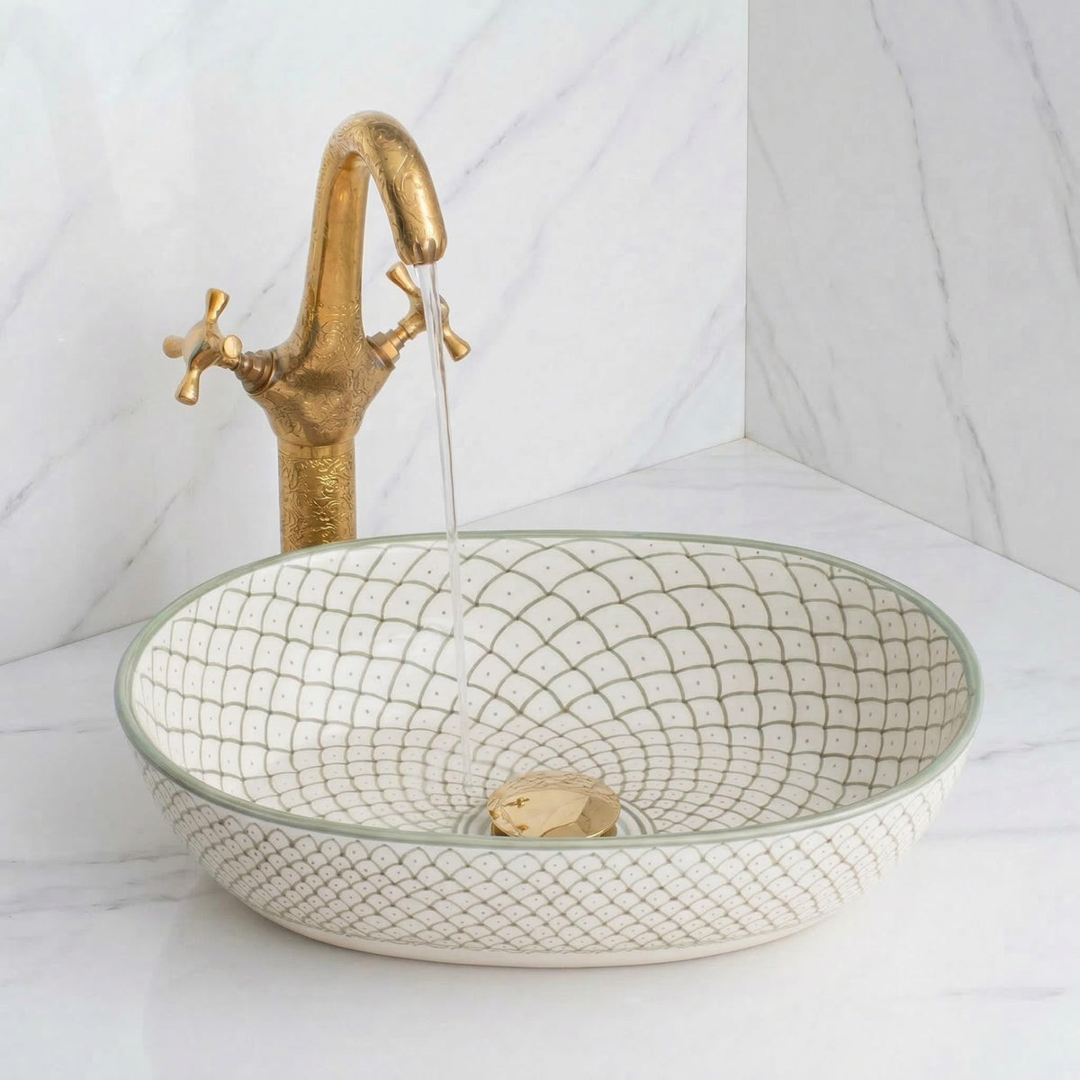 Moroccan Vessel Sink, Hand-Painted Green Oval Porcelain, 32-48 Cm.