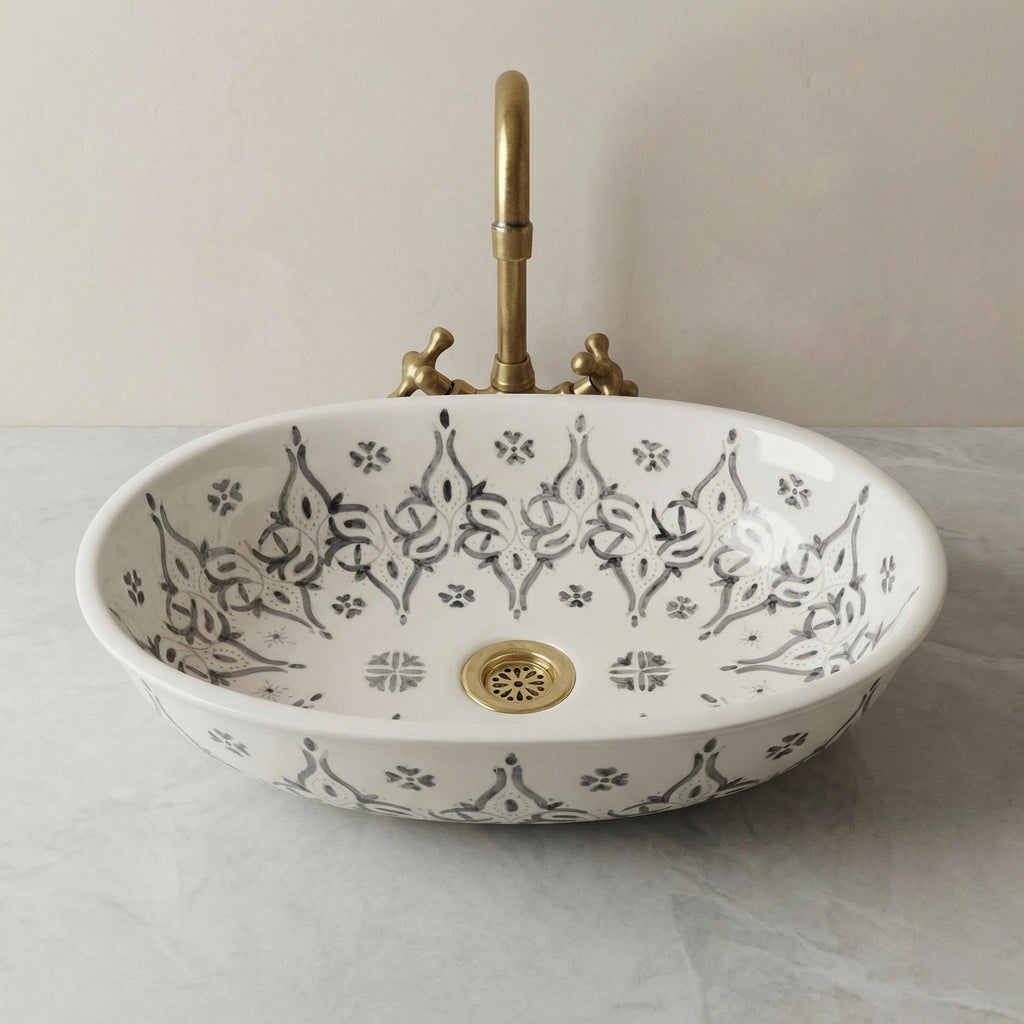 Ceramic Vessel Sink' Navy Oval Hand-Painted Fes, 40cm Small Vanity
