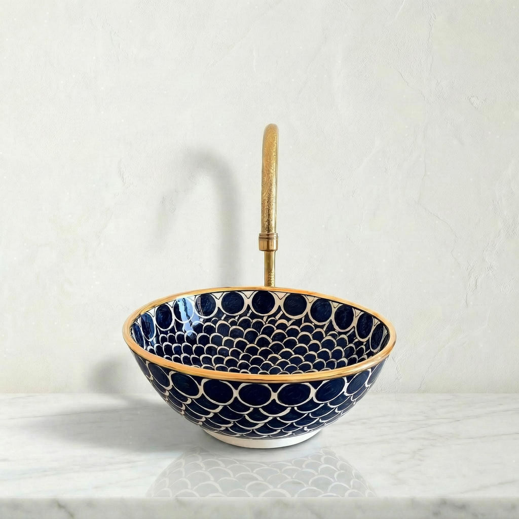 Moroccan Vessel Sink, Coral Pink Porcelain Basin, 14Kt Gold Rims.