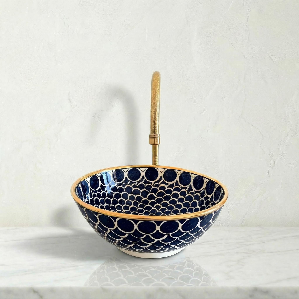 Moroccan Vessel Sink, Coral Pink Porcelain Basin, 14Kt Gold Rims.