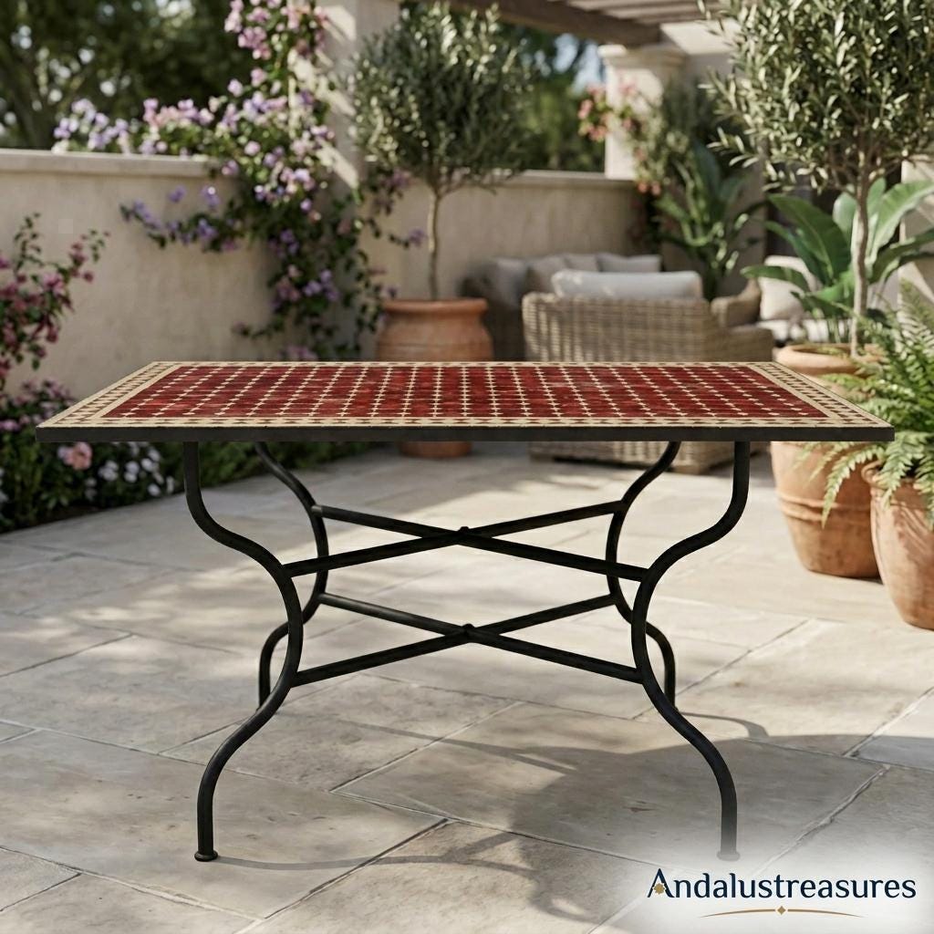 Moroccan Zellige End Table, Hand Cut Mosaic Top, Powder Iron Base