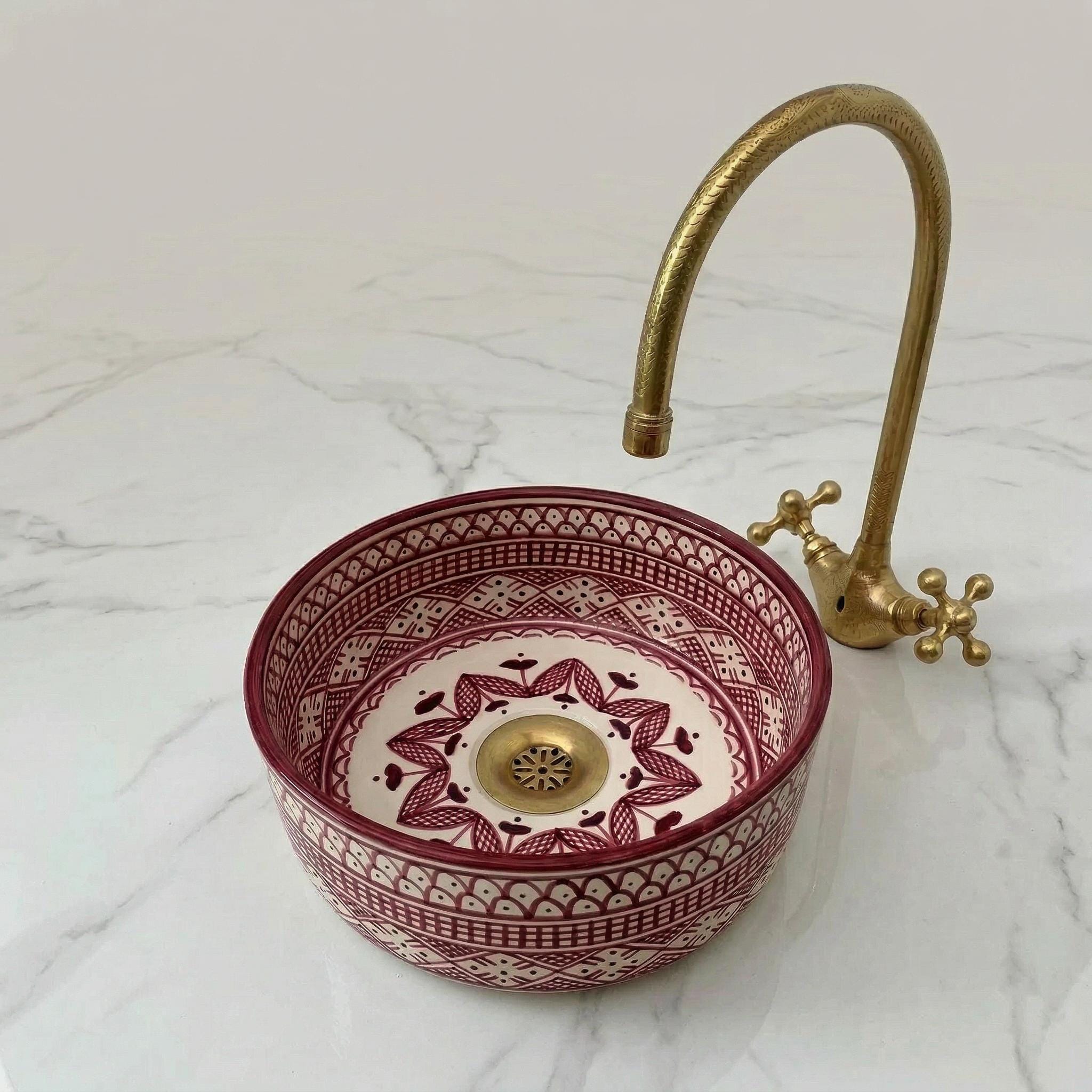 Moroccan Ceramic Vessel Sink, Ruby Red Checkered - 8–16" Diameter