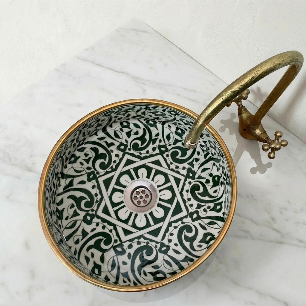 Moroccan Vessel Sink, Emerald Green Oval Ceramic 3.5" Brass Drain