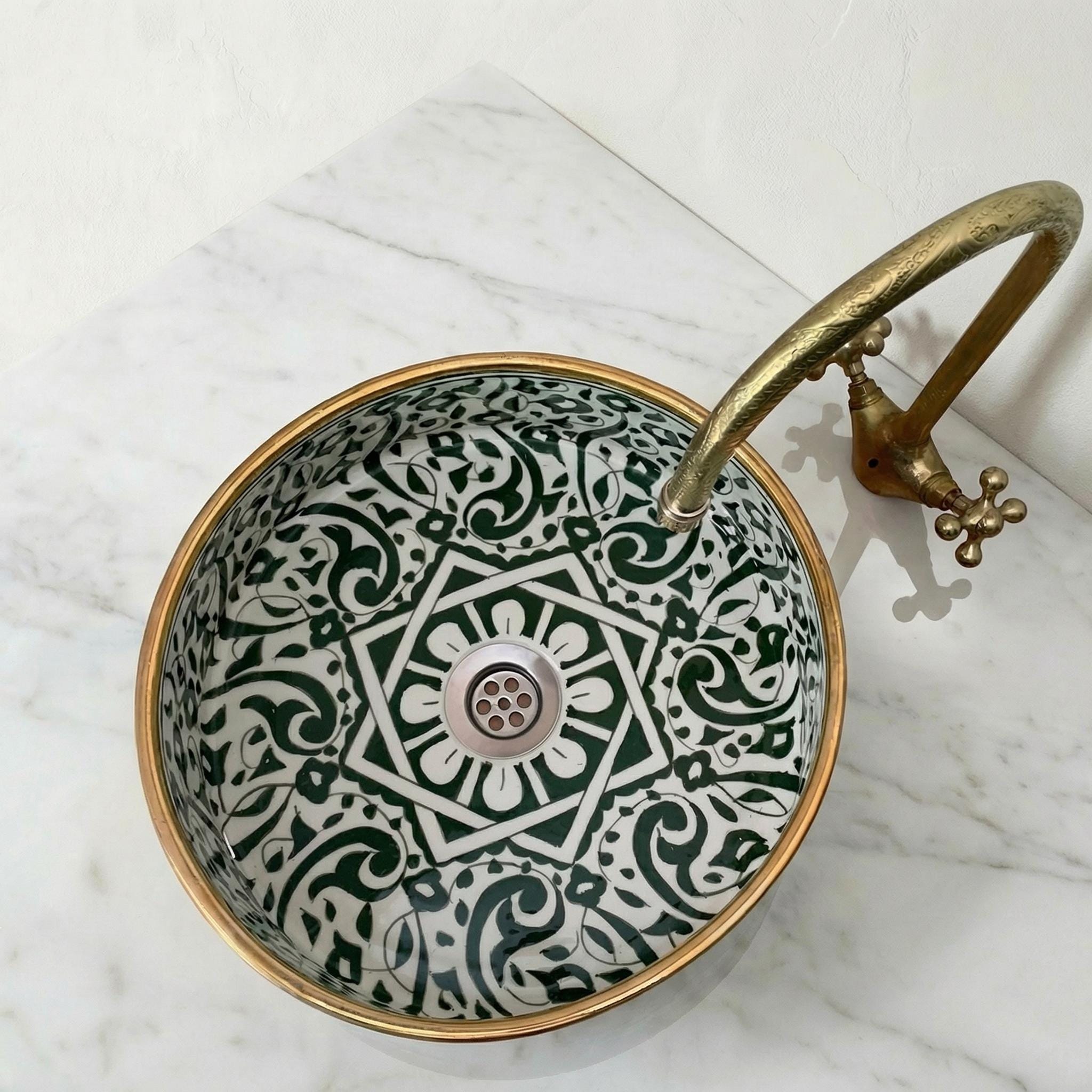 Moroccan Vessel Sink, Emerald Green Oval Ceramic 3.5" Brass Drain