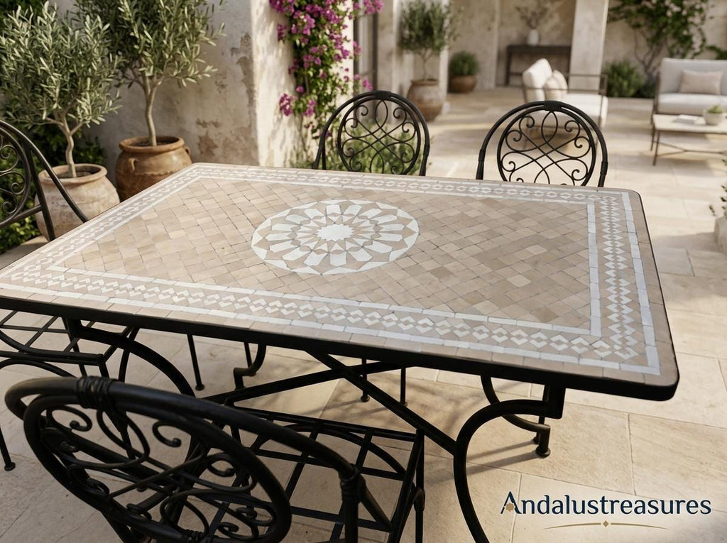 Moroccan Zellige Bistro Table, Handmade Mosaic Top, Iron Base -XL