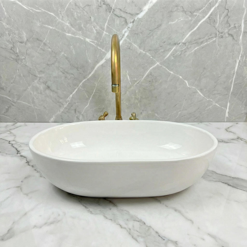 Moroccan Oval Vessel Sink, Porcelain 32-48cm, Hammered Brass Plus