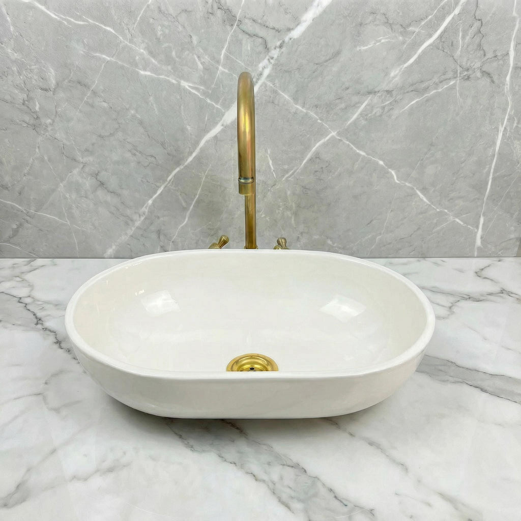 Moroccan Oval Vessel Sink, Porcelain 32-48cm, Hammered Brass Plus
