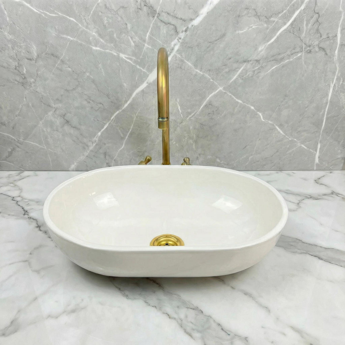 Moroccan Oval Vessel Sink, Porcelain 32-48cm, Hammered Brass Plus