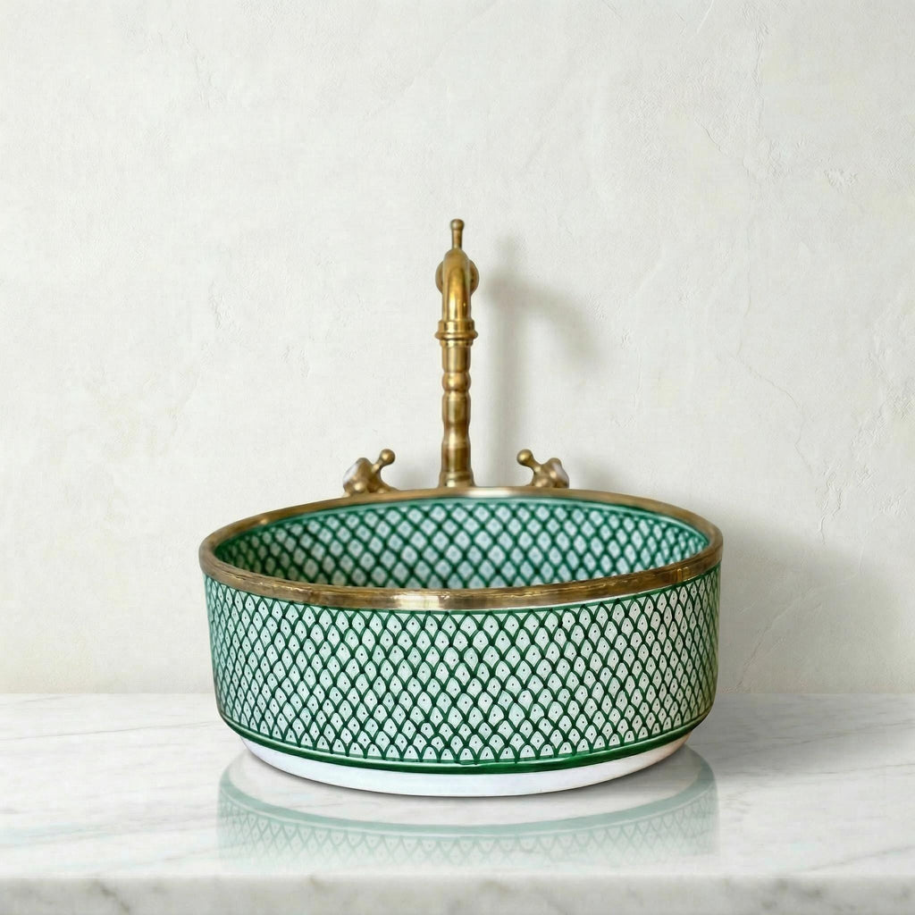 Gold Rim Vessel, Handmade Yellow Ceramic Oval Vanity Sink, 8-16".