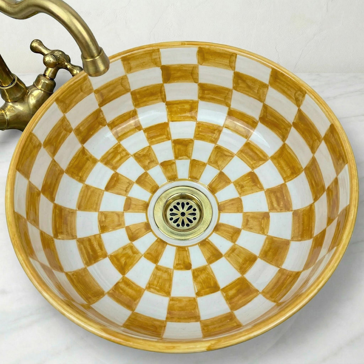 Sage Green Vessel Sink, Handcrafted Ceramic 12" Basin Brass Drain