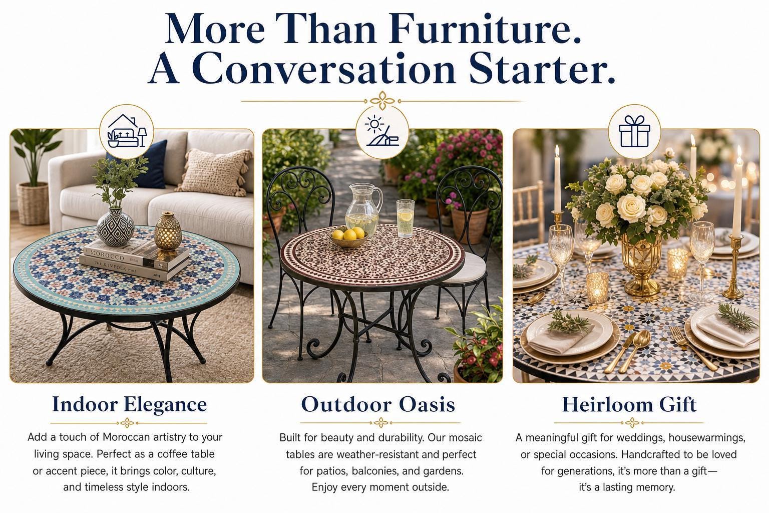 The image is a collage of three images showcasing different types of furniture and decor items, including a coffee table, outdoor oasis, and a Heirloom Gift.
