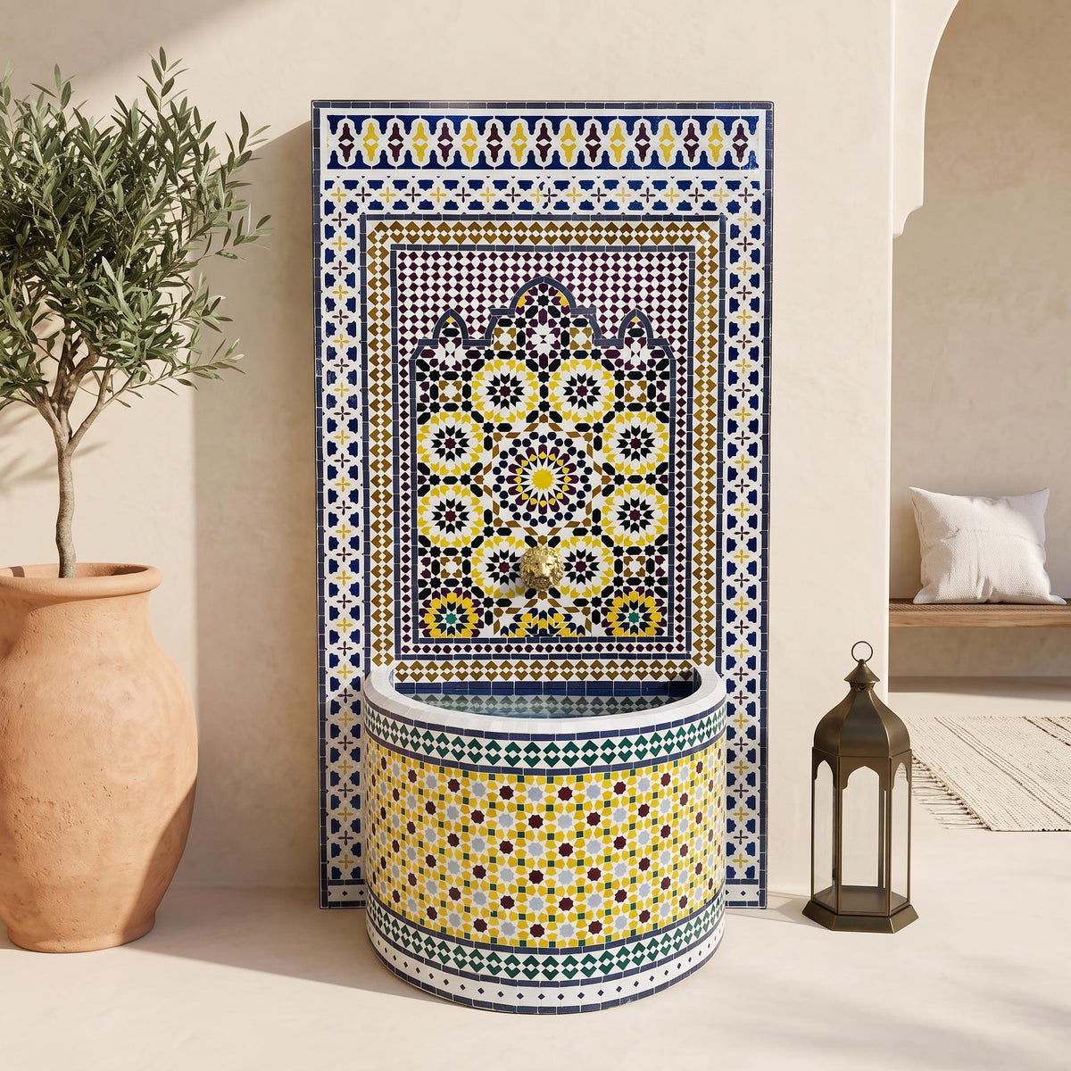 a decorative mosaic fountain with a blue and yellow pattern, placed in a room with a potted plant and a lantern.