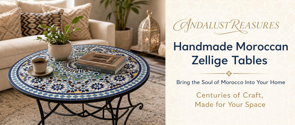 The image is a collage of two photos. The left photo shows a handcrafted Moroccan Zellige table with a blue and white mosaic top, a coffee cup, and a book. The right photo depicts a cozy living room with a couch, a potted plant, and a decorative lantern. The text overlay on the image promotes the handcrafted Moroccan Zellige tables, highlighting their craftsmanship and the ability to bring the soul of Morocco into one's home.