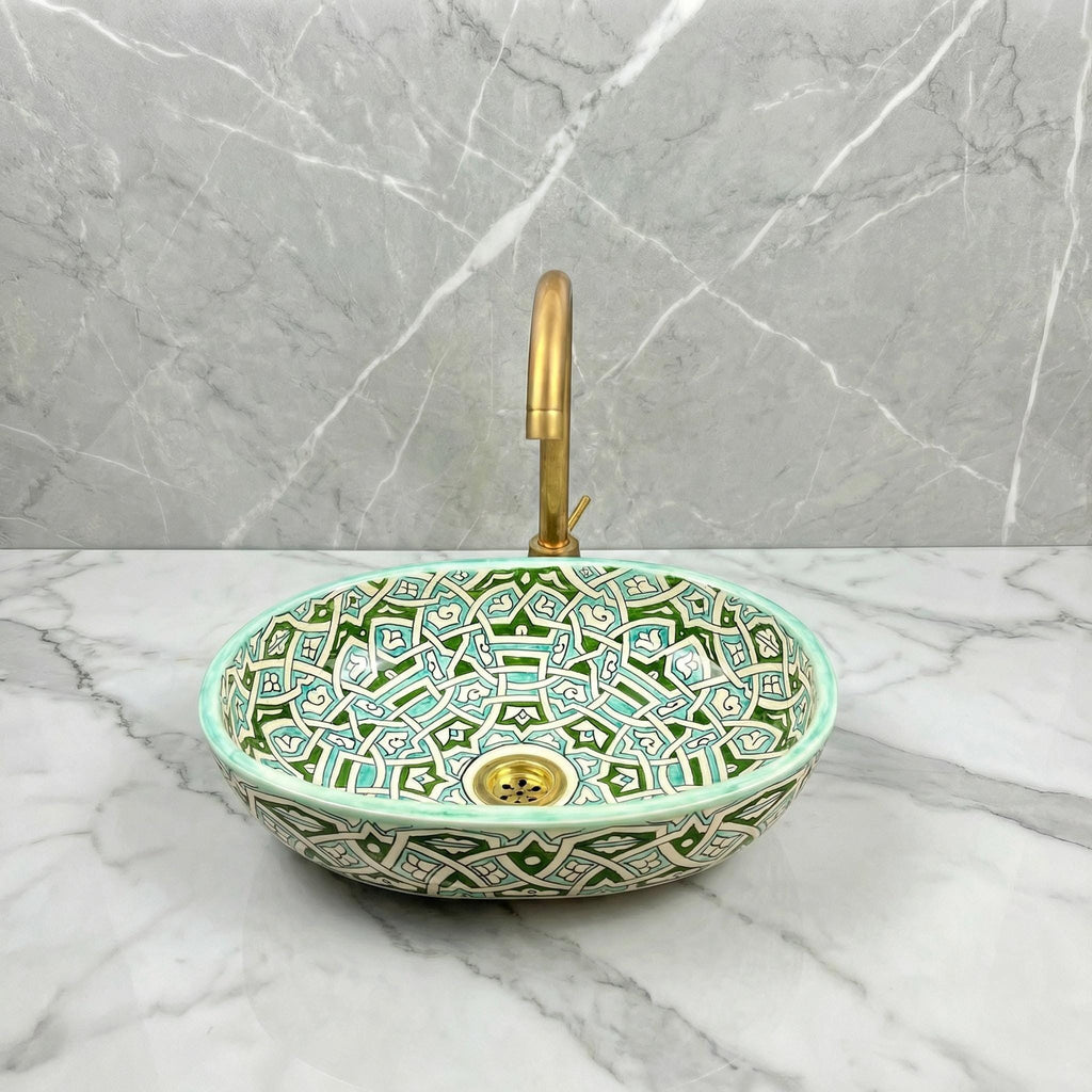 Oval Vessel Sink, Fes Handmade Porcelain Basin, White Brass Drain