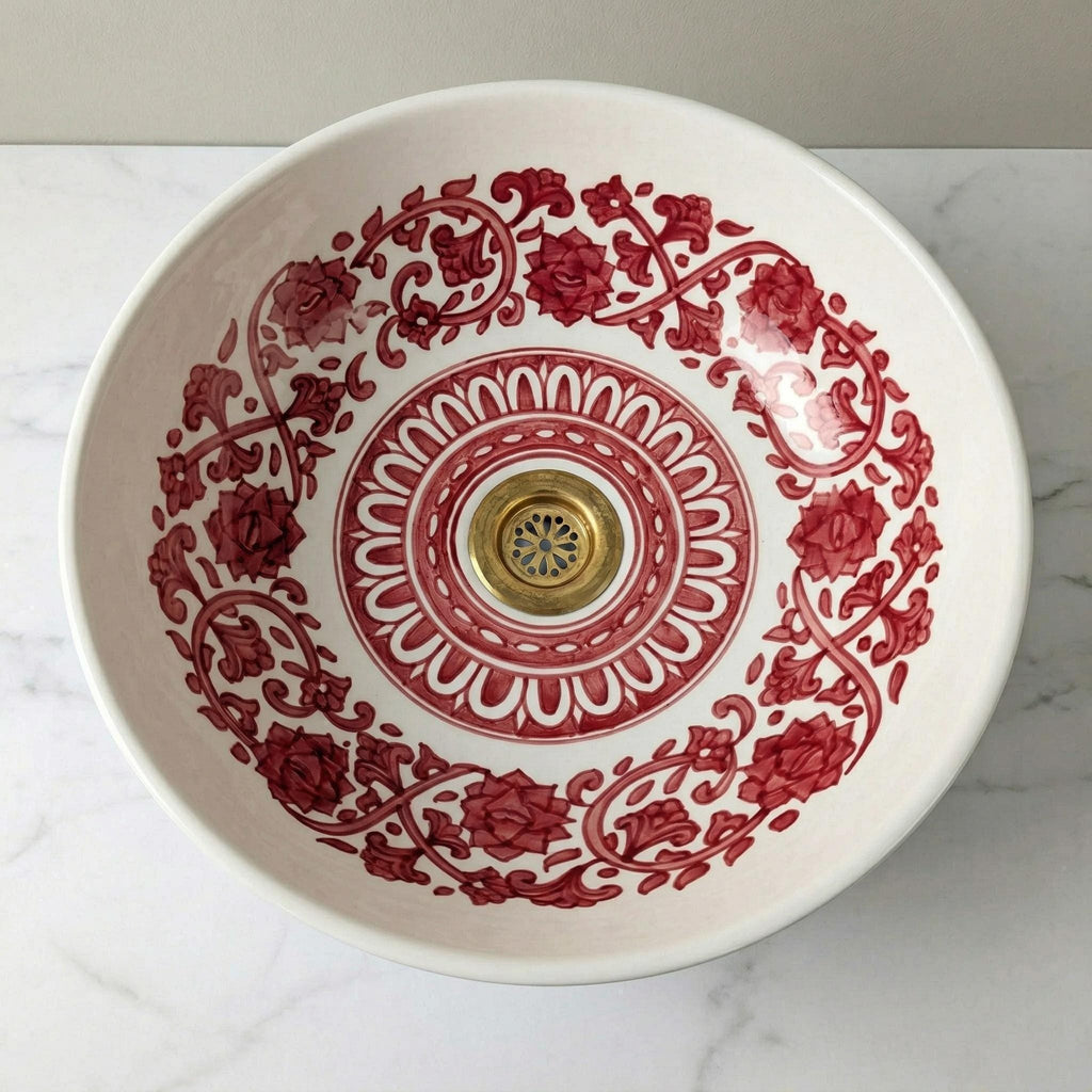 Ceramic Vessel Sink, Moroccan Ruby Red Handmade, 8"–16" Dia Basin