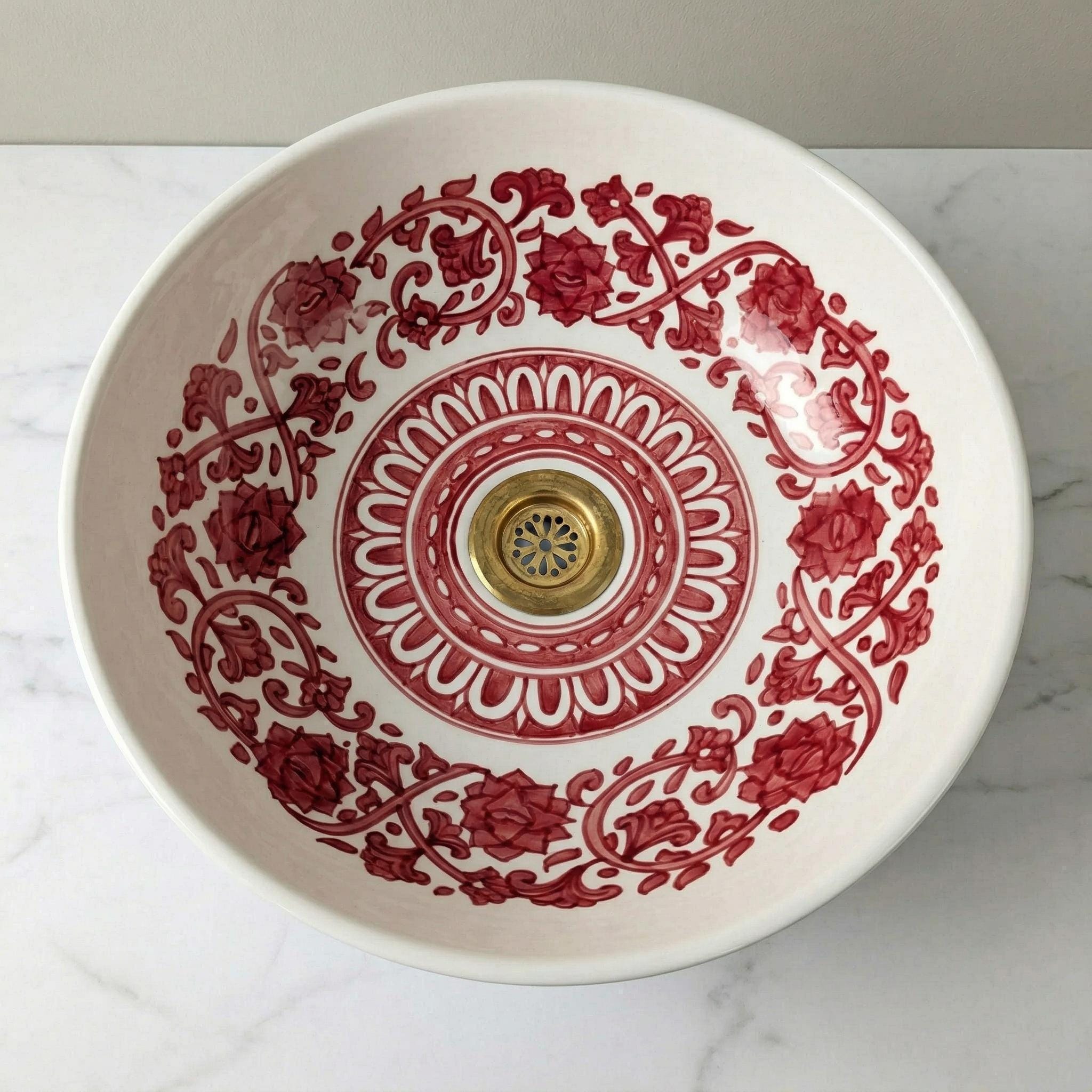 Ceramic Vessel Sink, Moroccan Ruby Red Handmade, 8"–16" Dia Basin