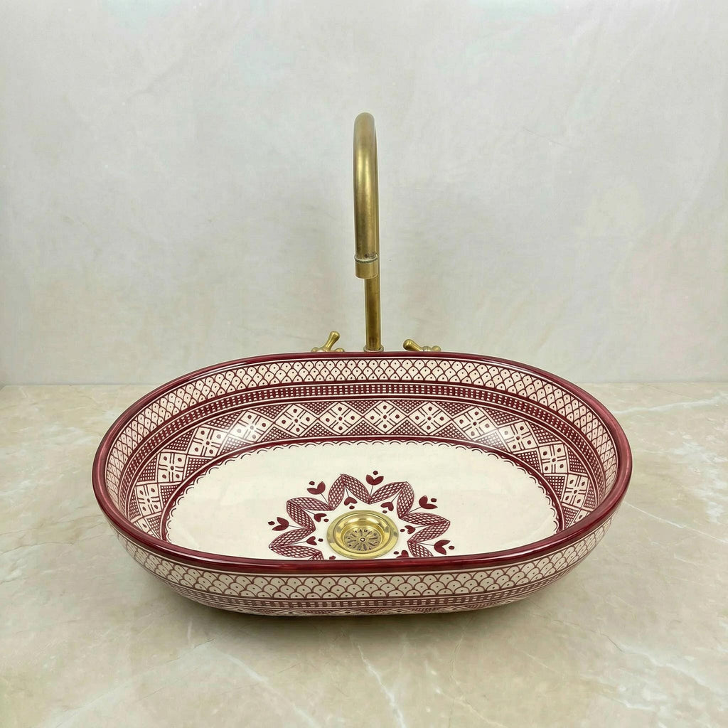 Moroccan Ceramic Vessel Sink, Oval Green Fishscale, Free Drain