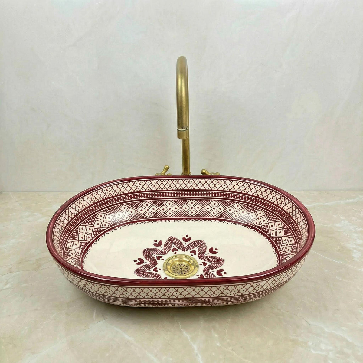 Moroccan Ceramic Vessel Sink, Oval Green Fishscale, Free Drain