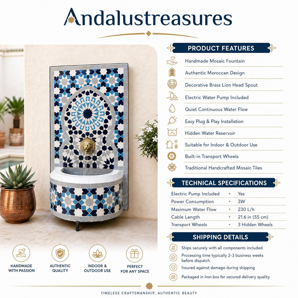 a handcrafted mosaic fountain with a traditional Moroccan design, including a decorative brass lion head spout and an electric water pump. The fountain is set against a backdrop of a white wall and a potted plant, creating a serene and elegant atmosphere.