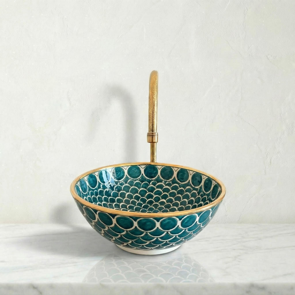 Moroccan Vessel Sink, Coral Pink Porcelain Basin, 14Kt Gold Rims.