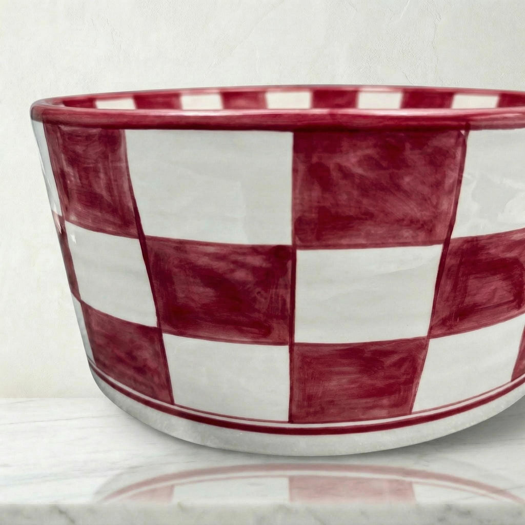 Moroccan Vessel Sink, Ruby Red Checkered Ceramic Basin, 8"-16"Dia