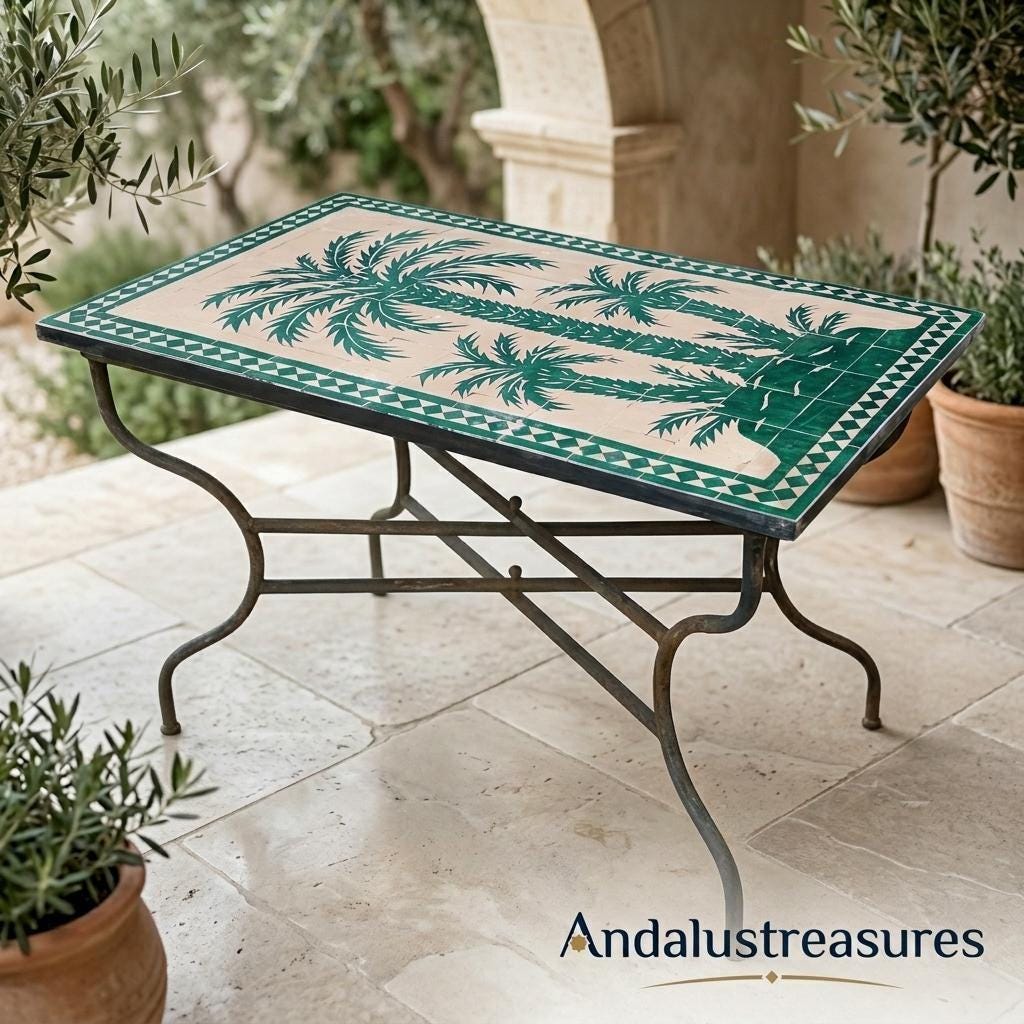Moroccan Zellige Table, Palm Tree Mosaic Patio Table, 36 In Round
